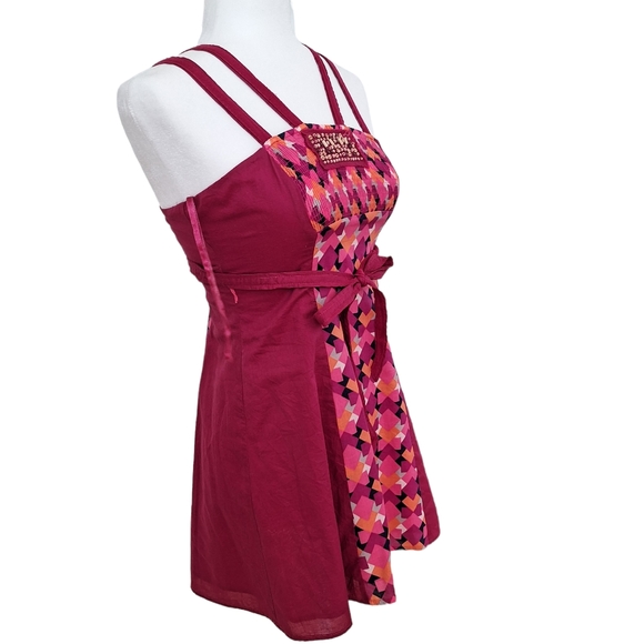 Free People Fun Boho Smocked Beaded Tie Back Pink Cotton Sleeveless Tunic Top 2 - Picture 6 of 9